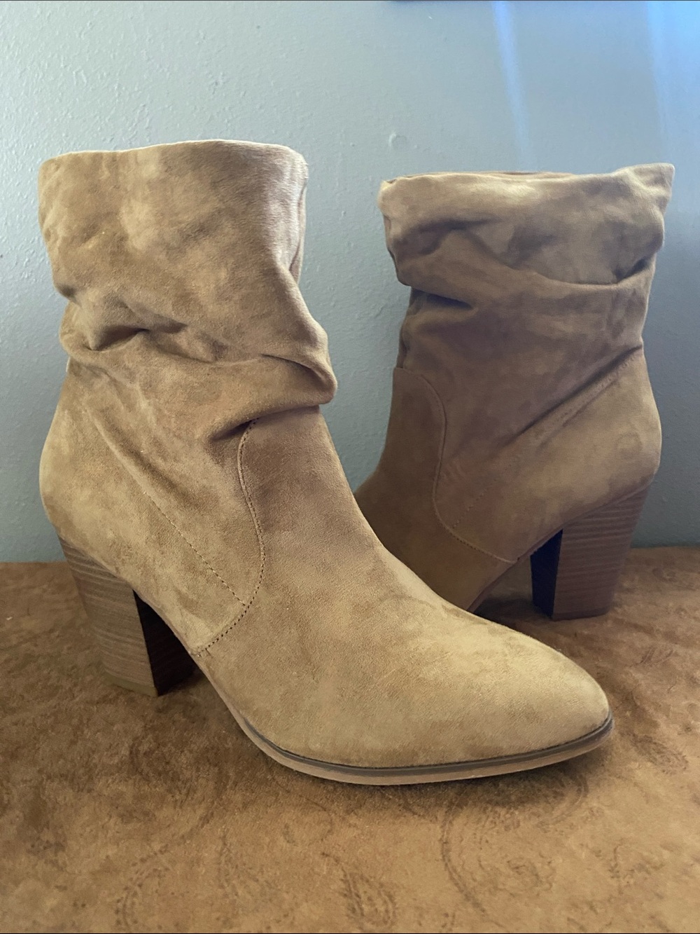 Mossimo Supply Co. Tan Suede Slouchy Mid-Calf Block Heel Boots size 11